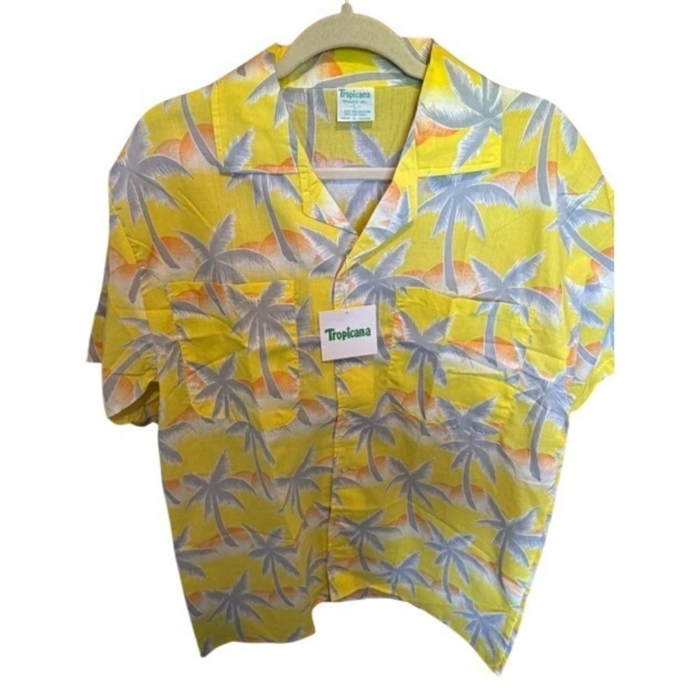 Vintage 1980's Tropicana Men Hawaiian Yellow Palm Tree Sunset Print Large L